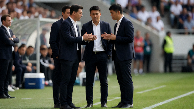 足球场边教练组讨论战术的比赛现场画面