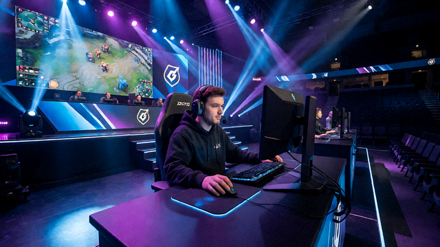 电竞赛事舞台灯光与选手比赛区域,电竞赛事追踪场景